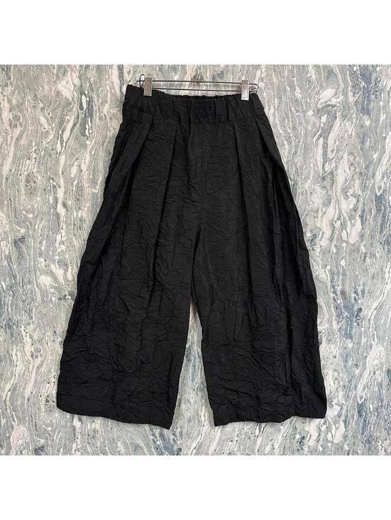 Pants - Minimalist Boho Lagenlook Black Crinkle Textured Wide Leg Parachute Pants (M)